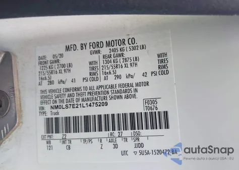 2020 Ford Transit Connect Xl Cargo Van z USA, uszkodzony, nr VIN NM0LS7E21L1475209